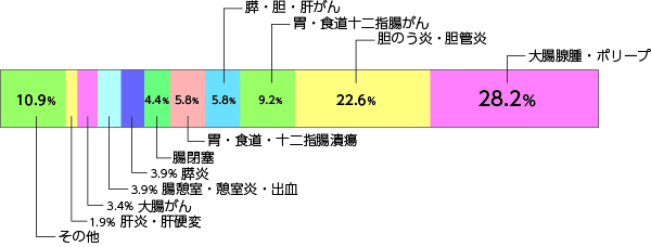大腸腺腫・ポリープ28.2%,胆のう炎・胆管炎22.6%,胃・食道十二指腸がん9.2%,膵・胆・肝がん5.8%,胃・食道・十二指腸潰瘍5.8%,腸閉塞4.4%,膵炎3.9%,腸憩室・憩室炎・出血3.9%,大腸がん3.4%,肝炎・肝硬変1.9%,その他10.9%