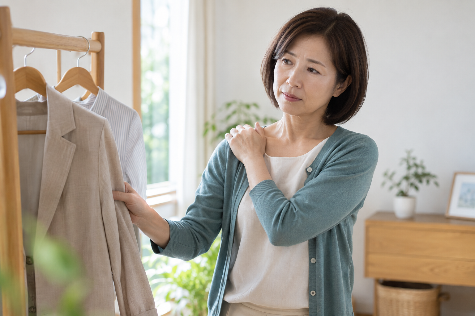 着替えの際に肩の動かしにくさを感じる女性