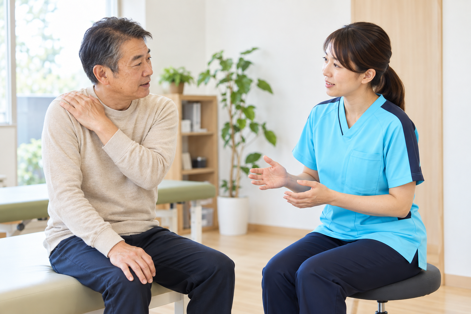 肩の不調についてスタッフに相談する男性
