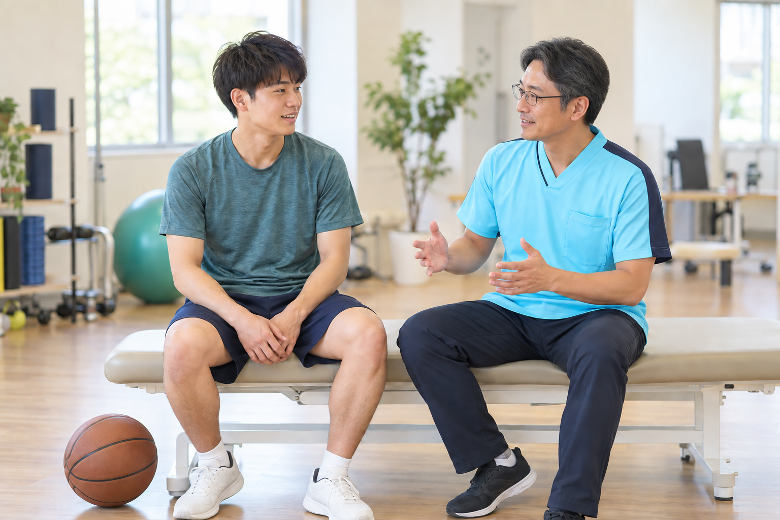 スポーツ復帰についてスタッフに相談する男性
