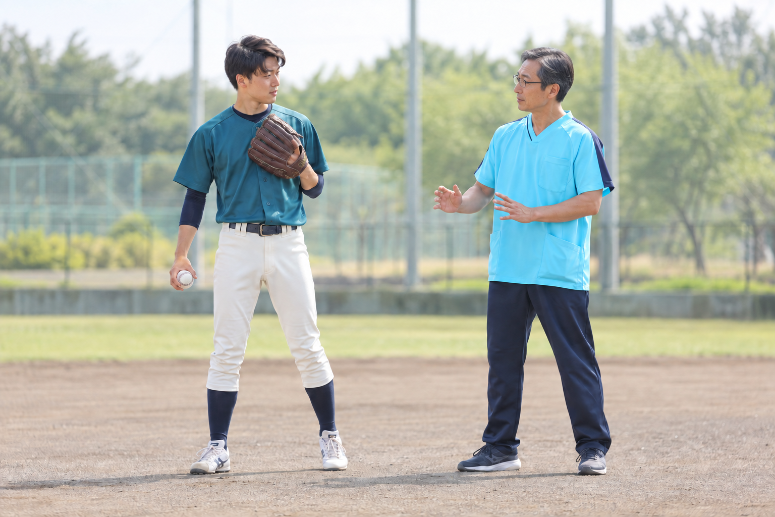 野球選手とスタッフが身体の動きを確認する場面