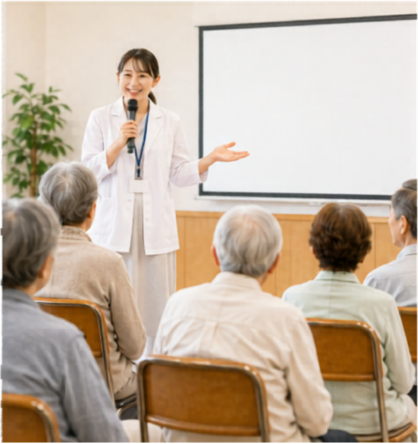 講座で話す専門職と参加者