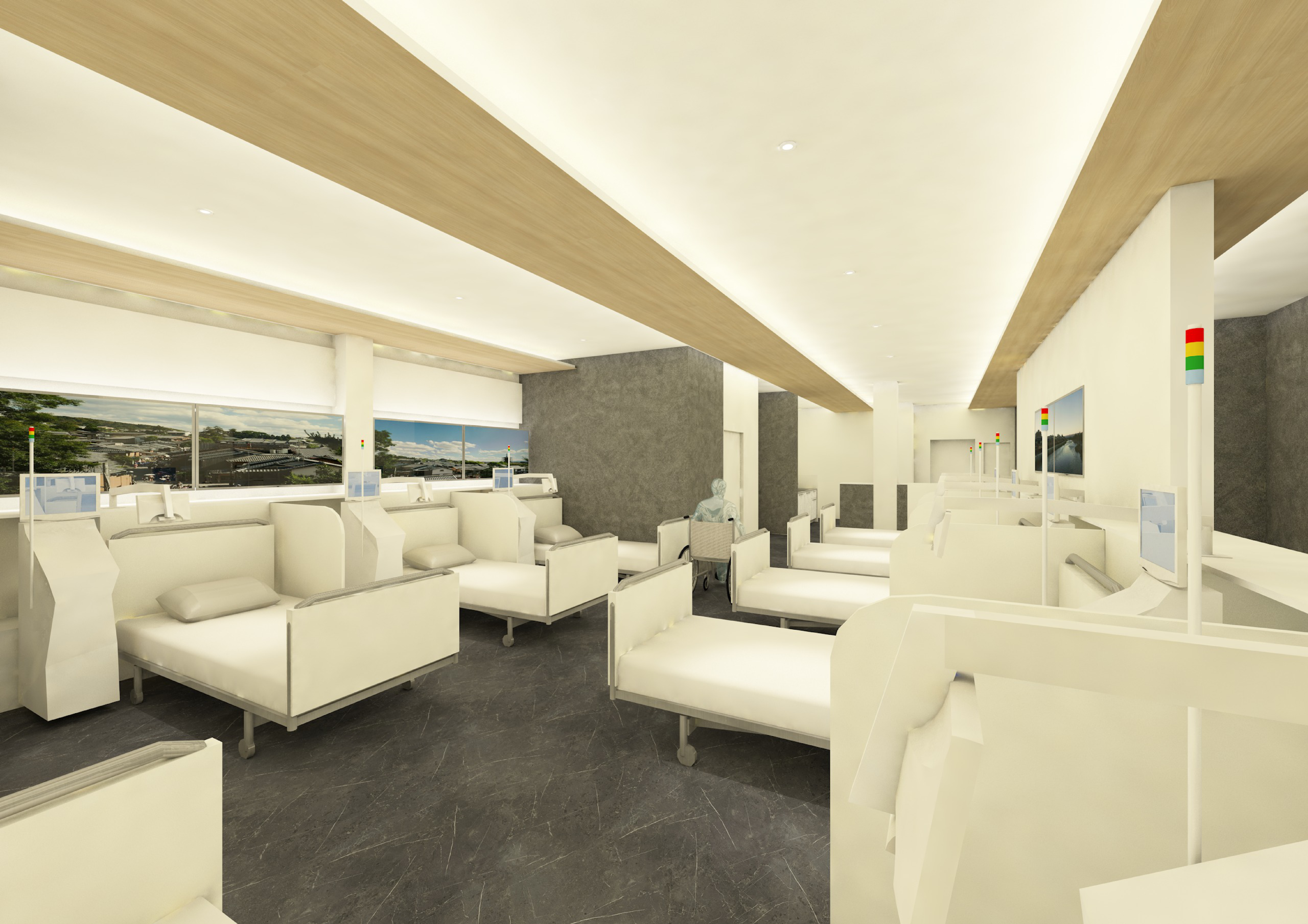 木目と石目を取り入れた透析室の内観イメージ